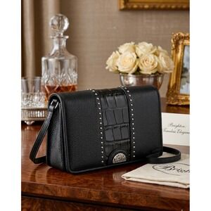 Brighton Black Pebbled Leather Croc Embossed Studded Crossbody Wallet Bag